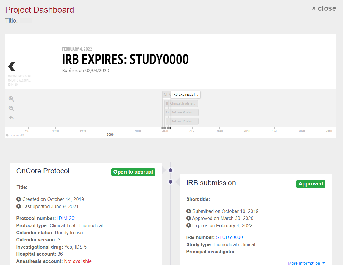Project dashboard - shows timeline, OnCore protocol details, and IRB submission details
