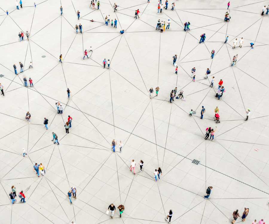 Aerial of people forming a web/network