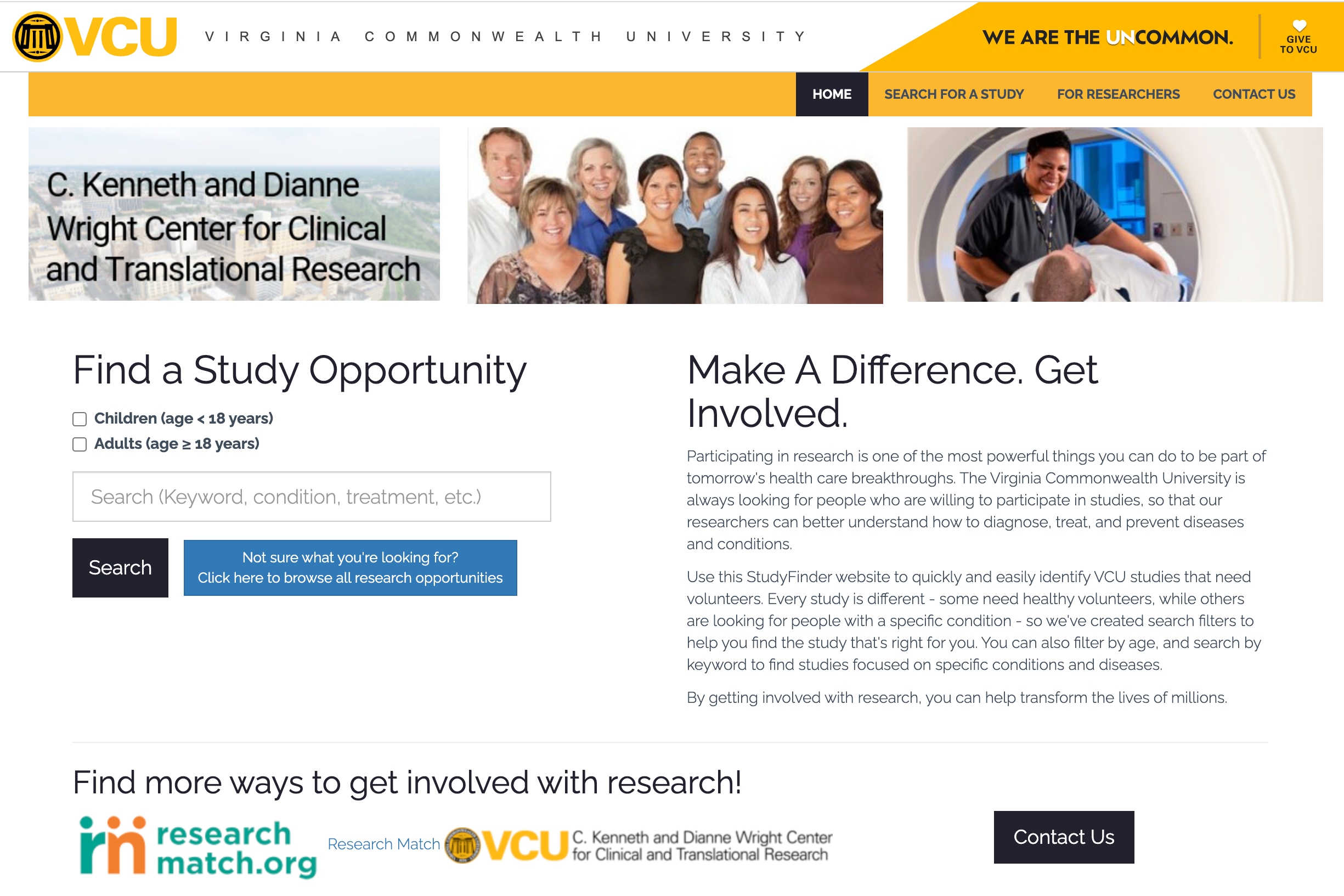 Virginia Commonwealth University StudyFinder homepage screenshot