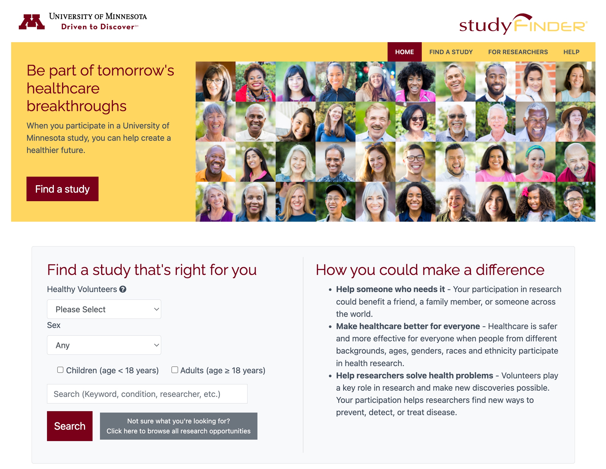 StudyFinder.umn.edu screenshot