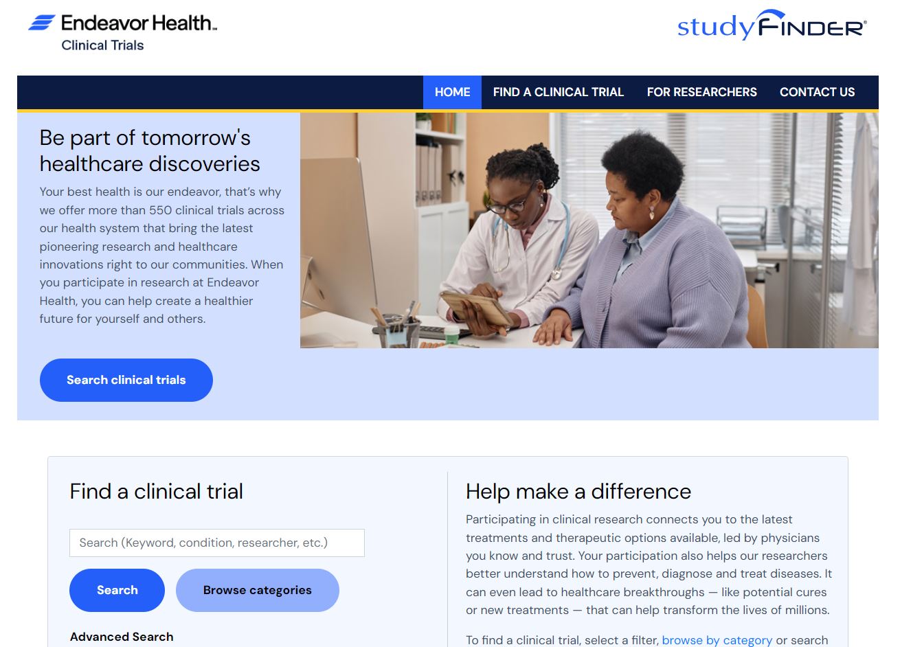 Screen shot of Endeavor Health StudyFinder website
