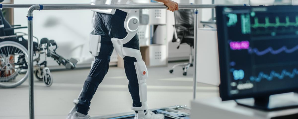  Patient with Injury Walks on Treadmill Wearing Advanced Robotic Exoskeleton Legs