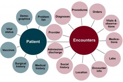 Conveys the clinical data repository contains data about patients (problem list, demographics, vital status, vaccines, surgical history, medical history) and encounters (procedures, orders, vitals and observations, medications, labs, encounter info, location, social history, admission/discharge, provider, diagnoses)