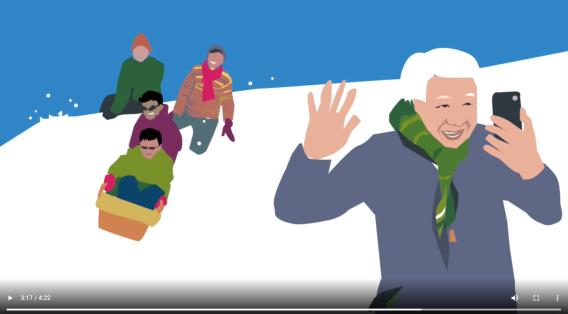 Screenshot from Science Café video showing people sledding